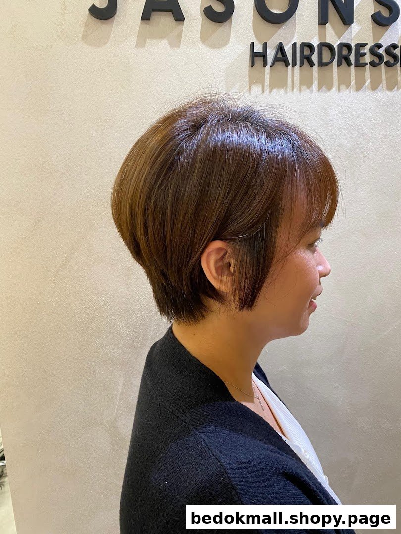 Side profile of a person with a short haircut inside a hair salon.