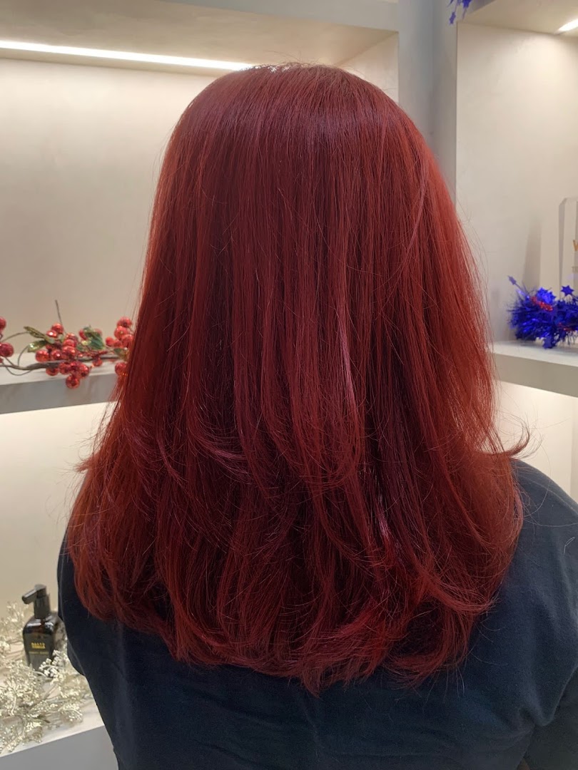 Back of a person's head with long, vibrant red hair after a salon service.
