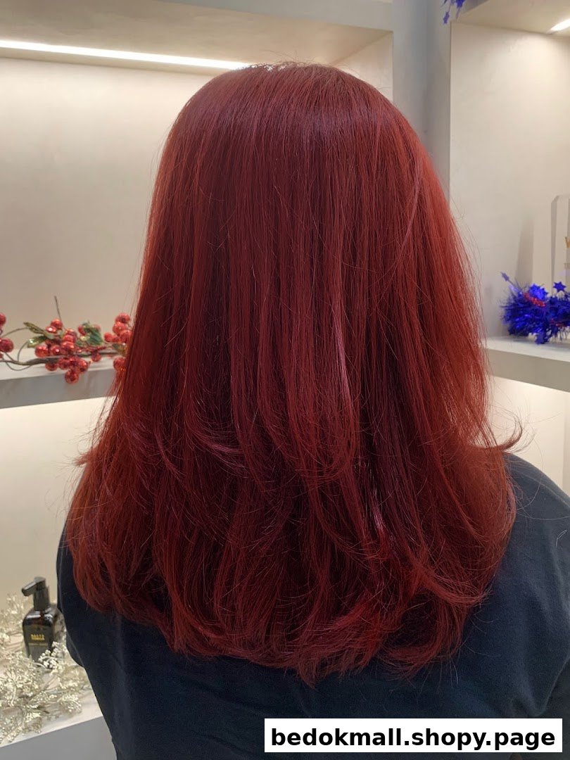 Back of a person's head with long, vibrant red hair after a salon service.