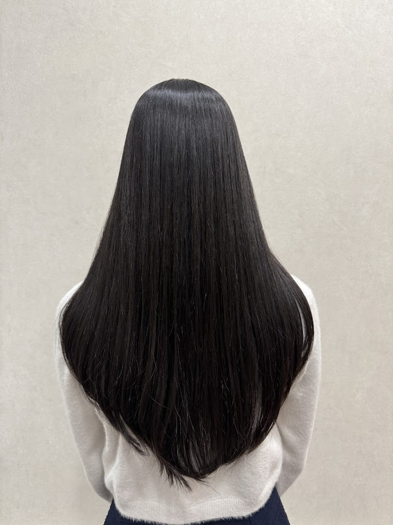 Back of a person's head with long, straight black hair.