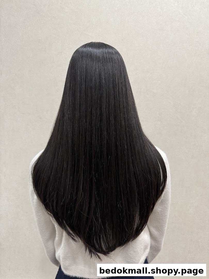 Back of a person's head with long, straight black hair.