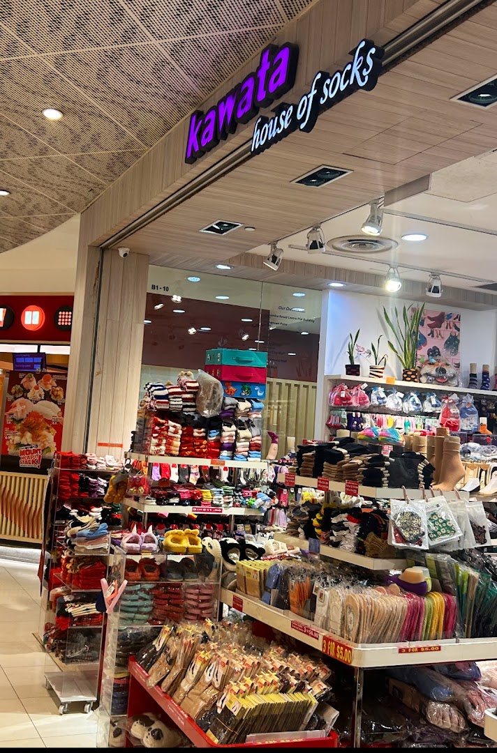 Shop entrance for Kawata House of Socks, displaying various socks.