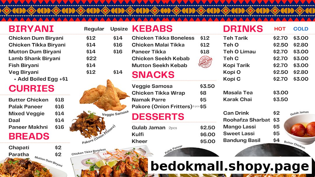 A detailed food and drink menu with prices and item categories.