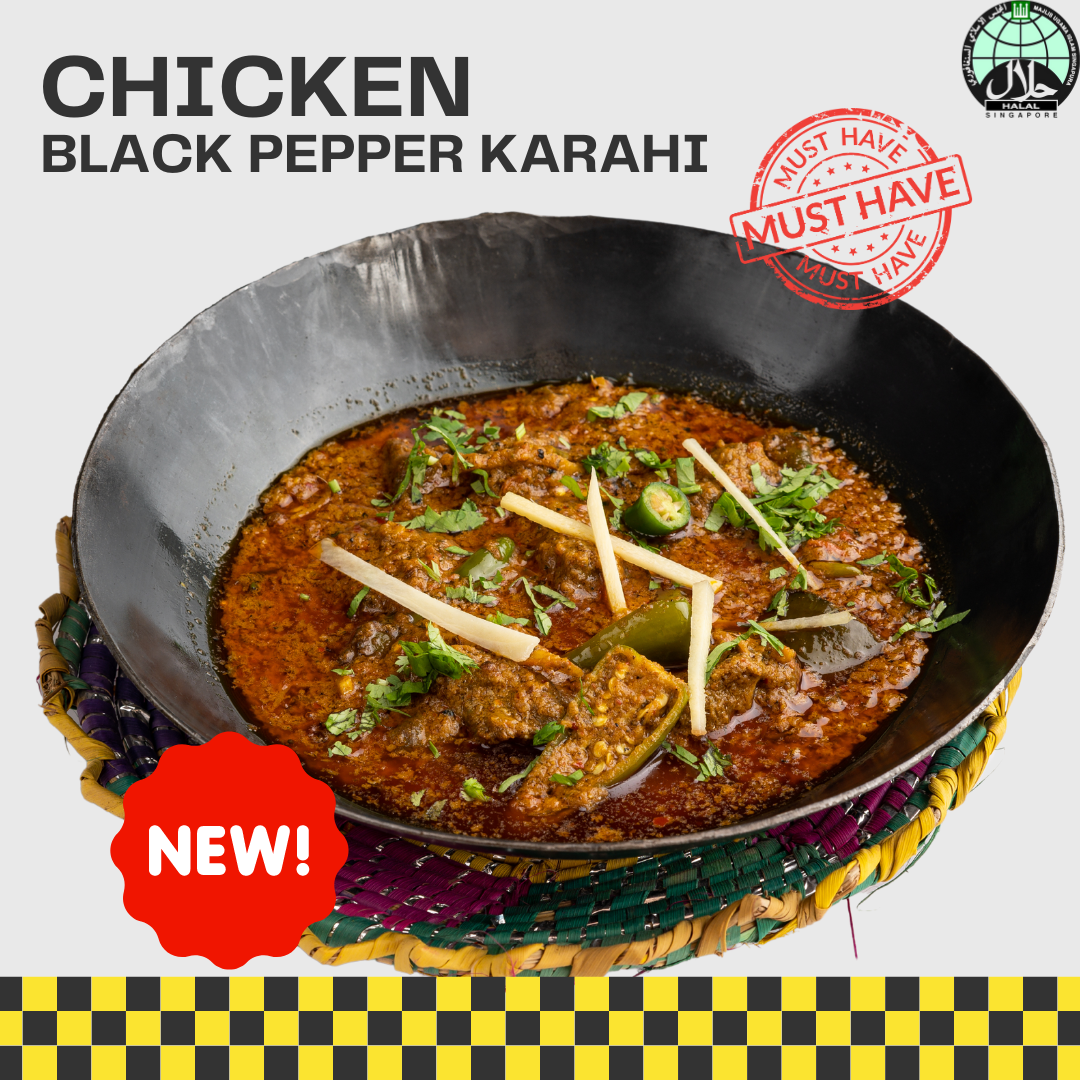Chicken Black Pepper Karahi dish in a pan with promotional text.