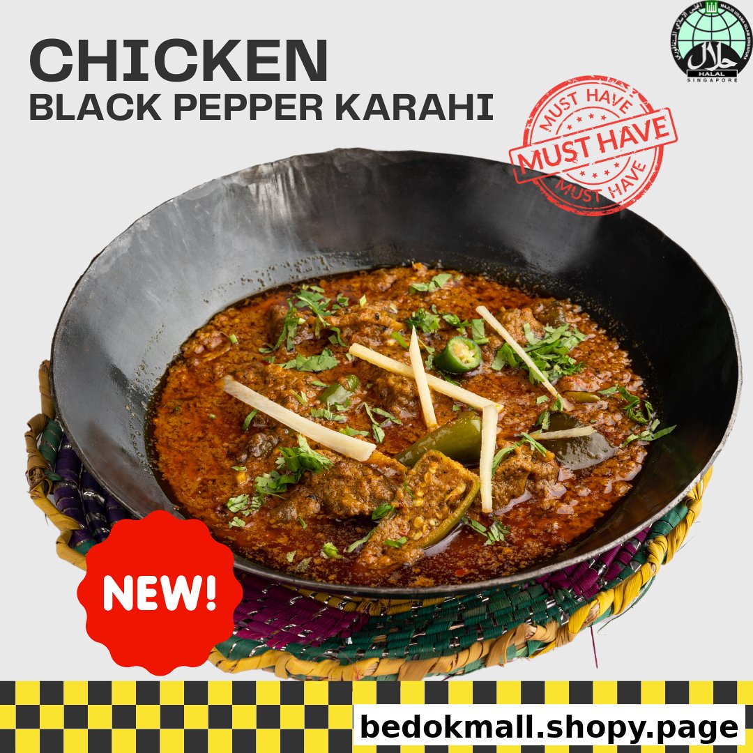 Chicken Black Pepper Karahi dish in a pan with promotional text.