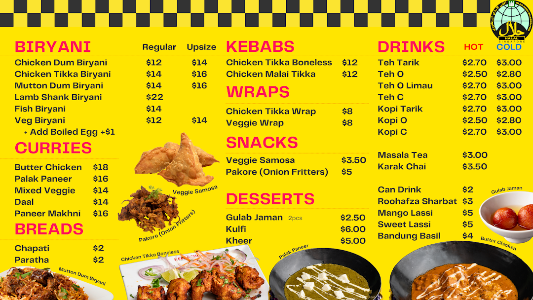 A bright yellow food menu displaying various dishes, prices, and small food images.