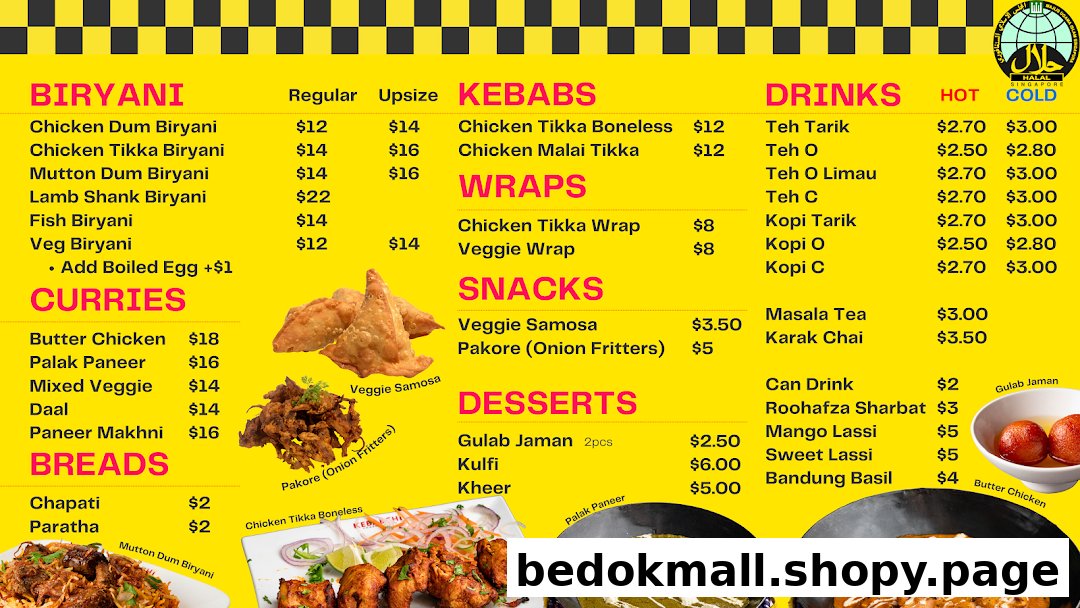 A bright yellow food menu displaying various dishes, prices, and small food images.