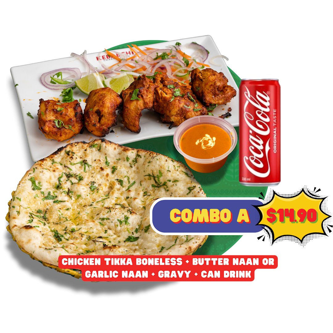 Food combo with chicken tikka, naan, gravy, and drink, priced at $14.90.