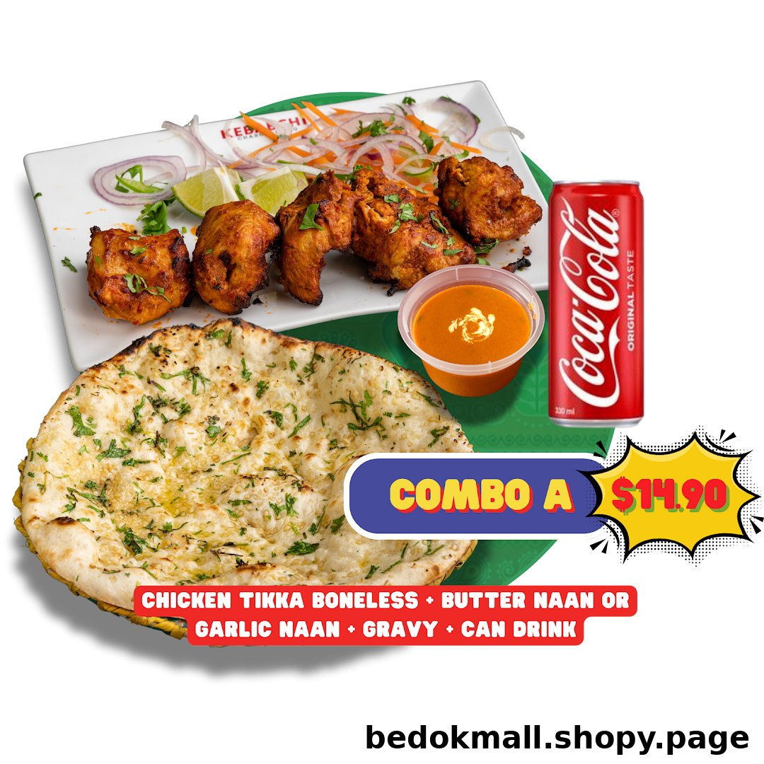Food combo with chicken tikka, naan, gravy, and drink, priced at $14.90.