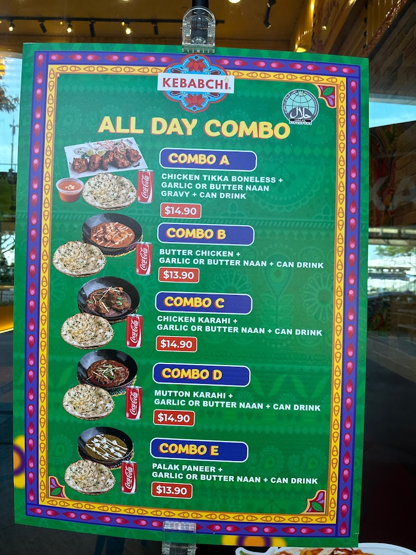 A vibrant menu board for Kebabchi Biryani showcasing their 'All Day Combo' meals.