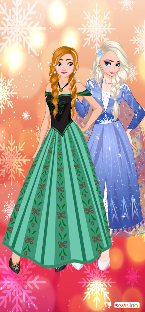 Two animated female characters resembling Frozen princesses on a snowy background.