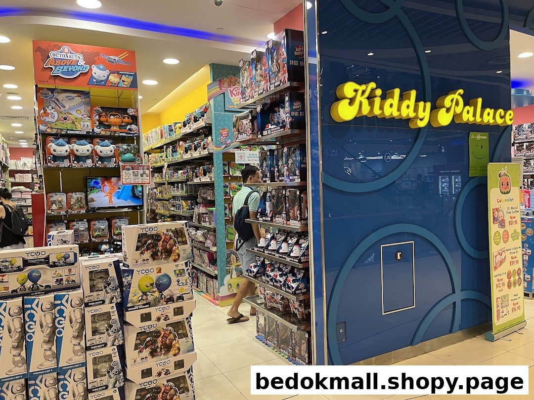 Interior view of a Kiddy Palace toy store with shelves of products and a customer.