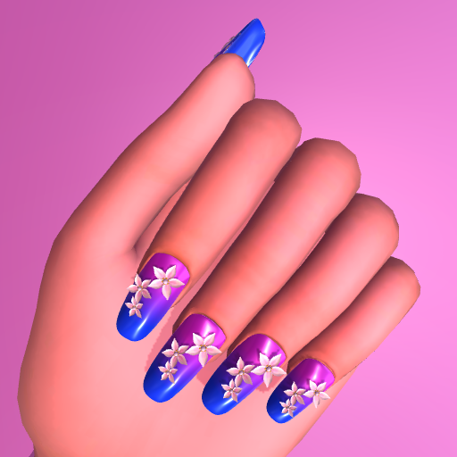 Hand with blue and purple gradient nails decorated with white flowers.