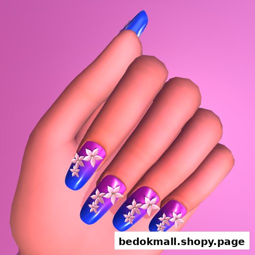 Hand with blue and purple gradient nails decorated with white flowers.
