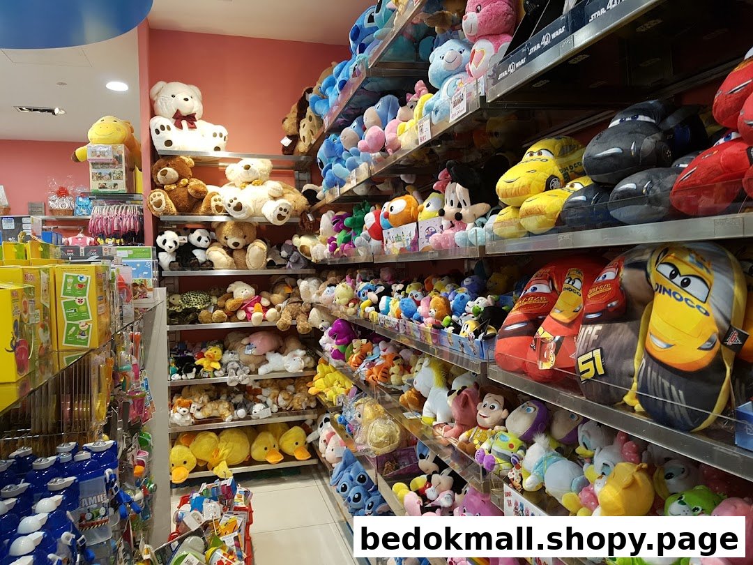Interior view of a shop with shelves full of various plush toys and children's items.