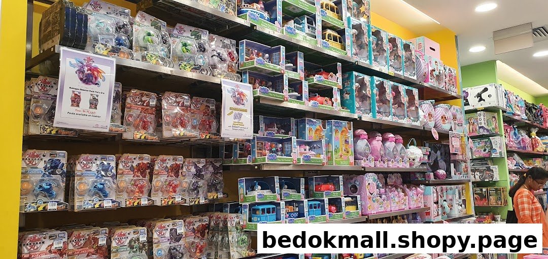 Interior view of a toy store with shelves full of various products and a customer.