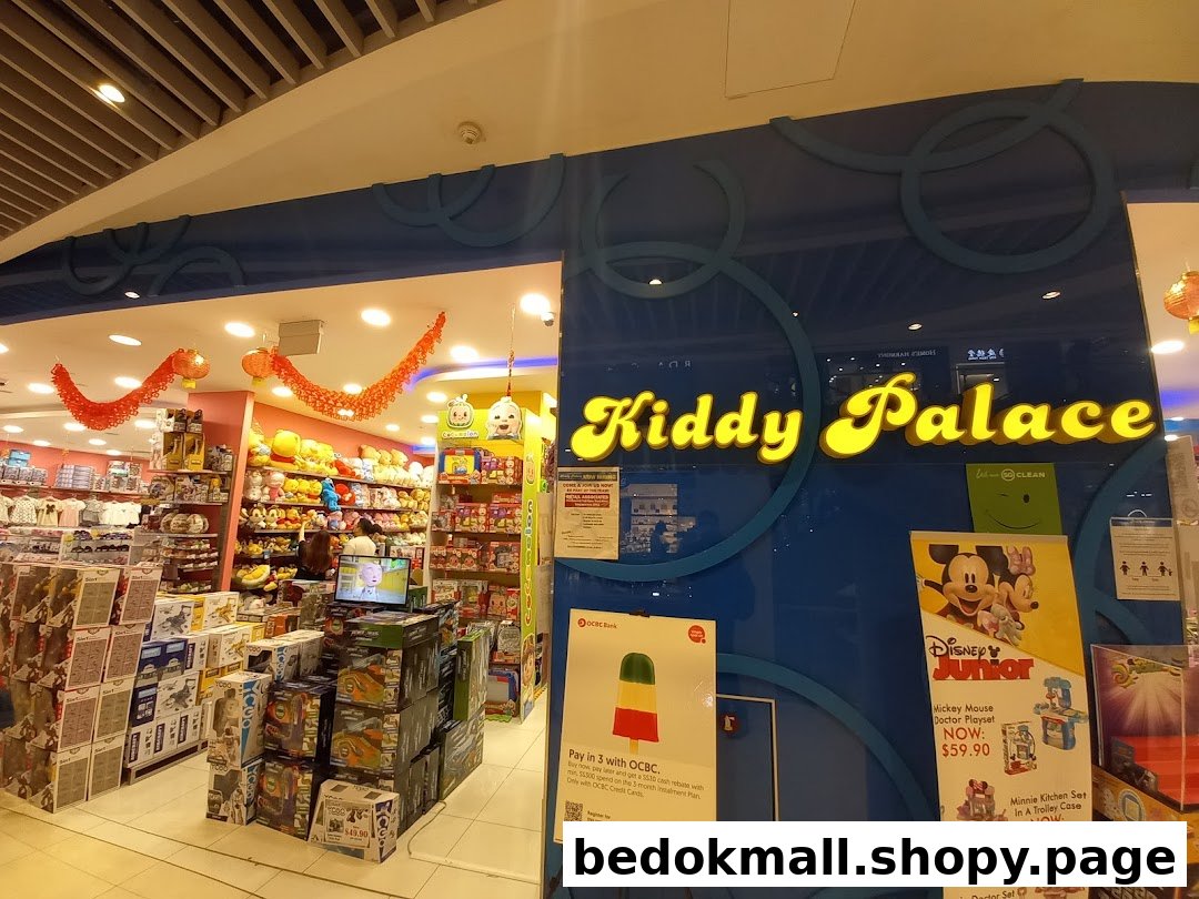 Entrance of Kiddy Palace with toys and promotional signs visible.