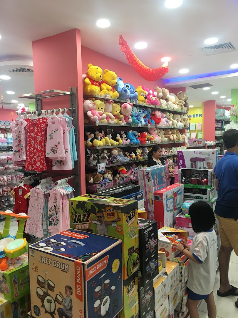 Retail store interior displaying children's toys, clothing, and customers browsing.