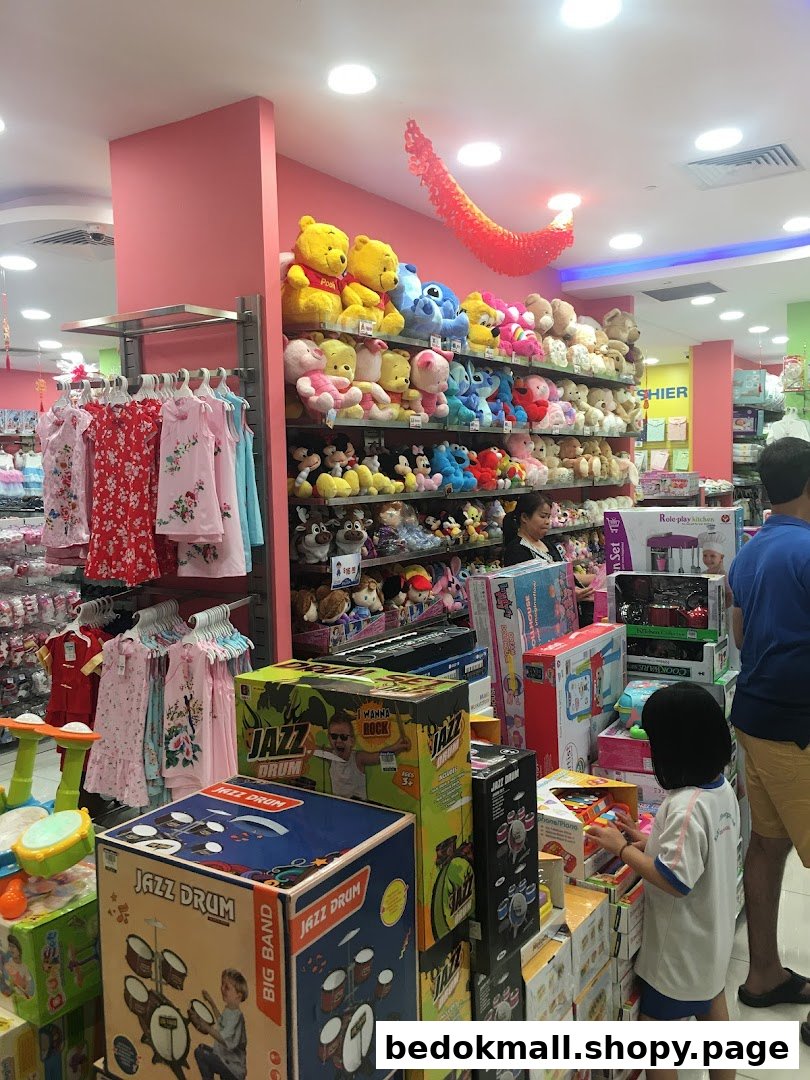 Retail store interior displaying children's toys, clothing, and customers browsing.