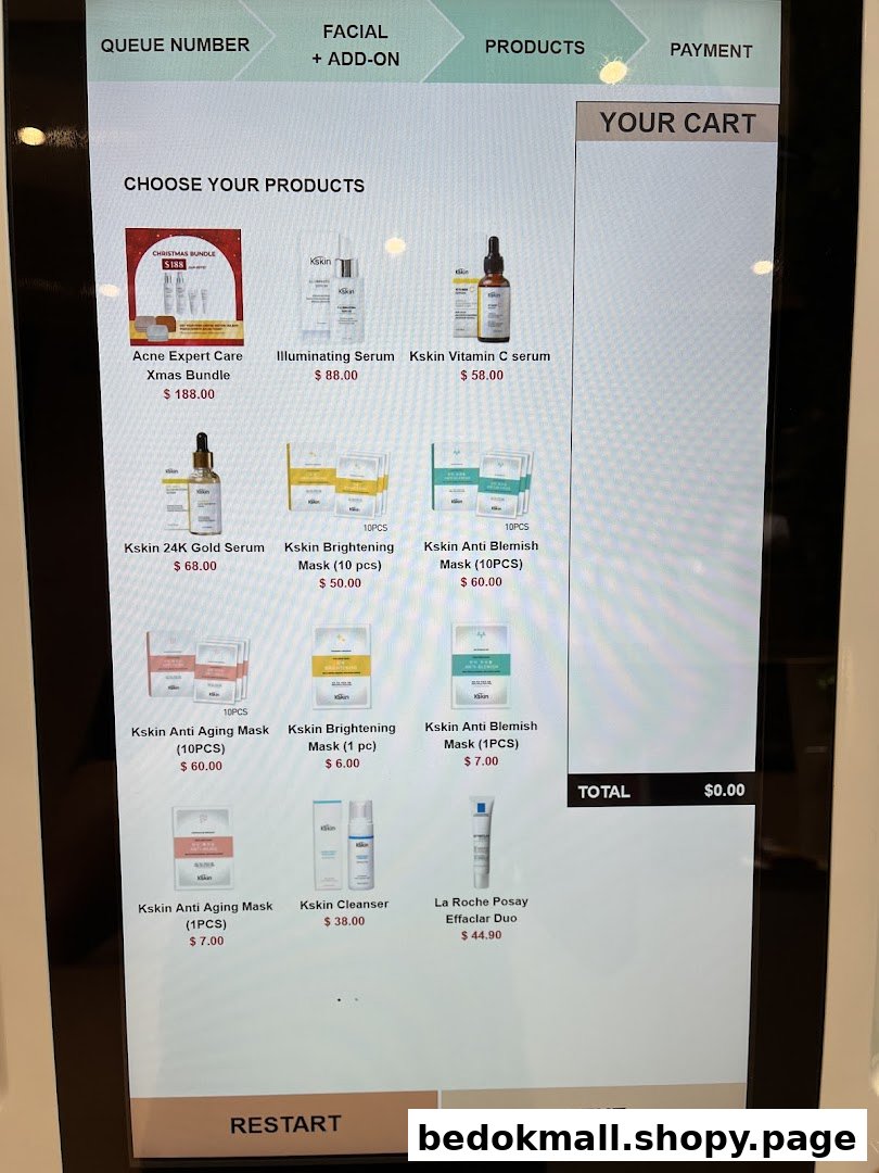 Digital screen displaying skincare products, prices, and a shopping cart interface.