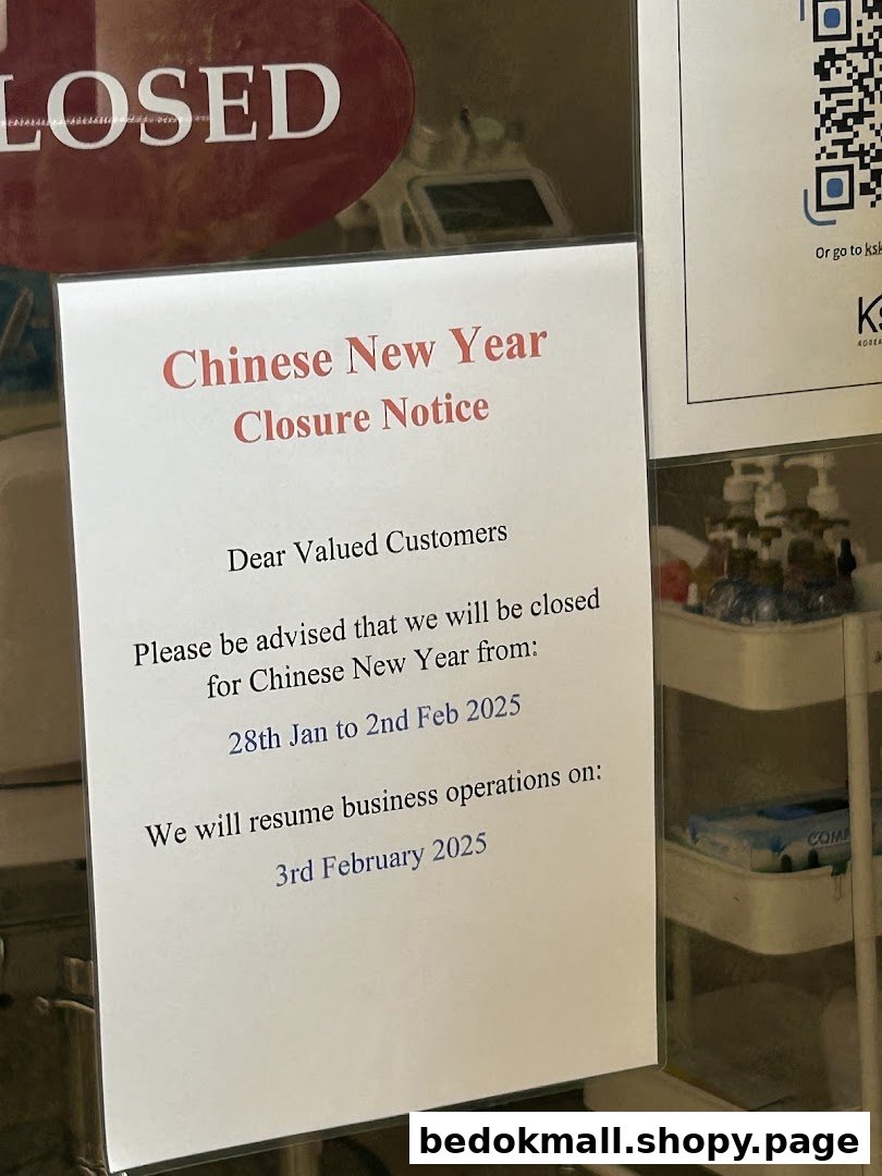 A Chinese New Year closure notice and 'CLOSED' sign on a shop's front.