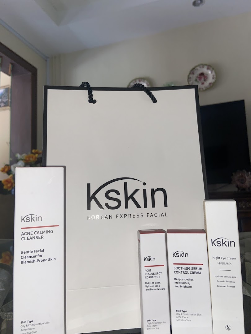 Various Kskin skincare products and a branded shopping bag are displayed.