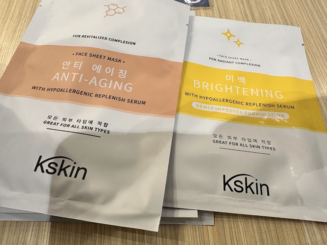 Two Kskin face sheet masks, 'Anti-Aging' and 'Brightening' variants, are displayed.