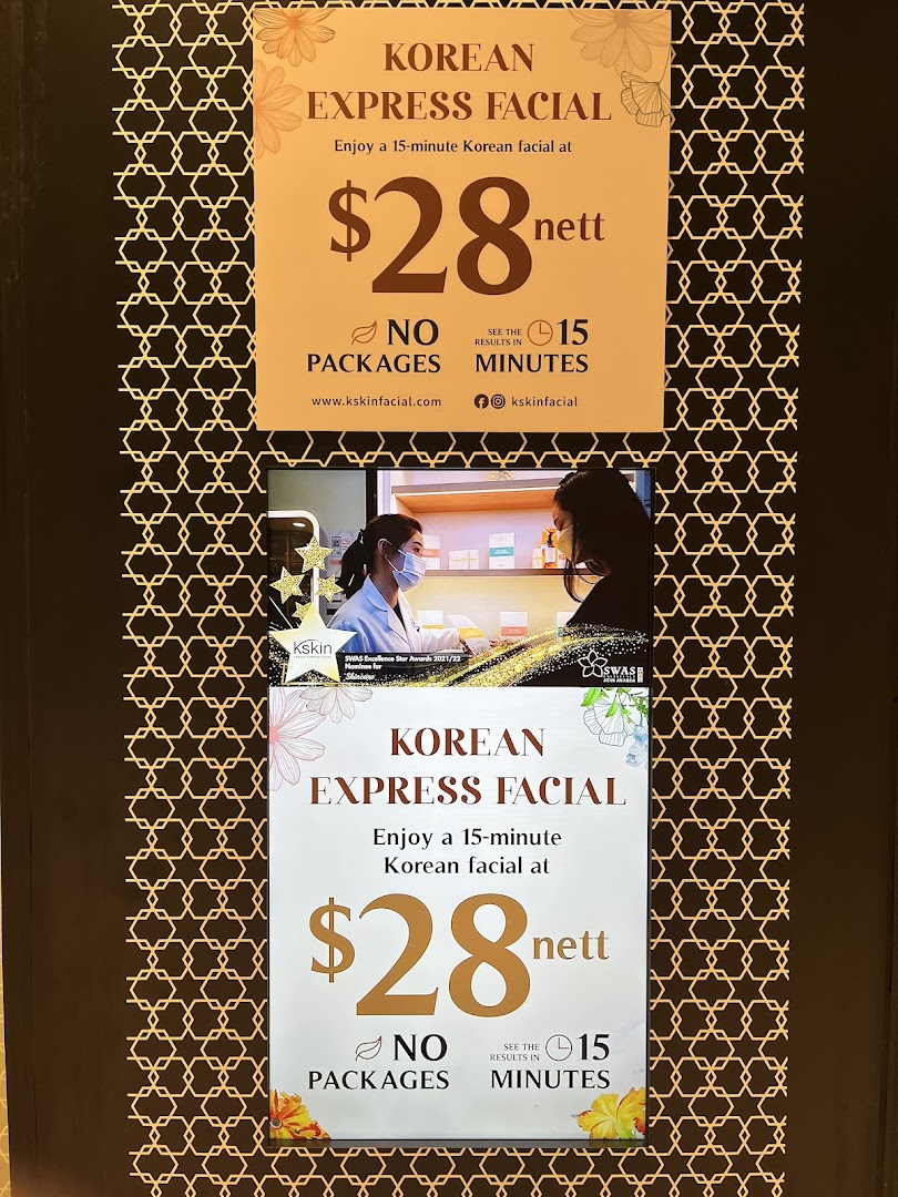 Sign advertising a $28 Korean express facial service with details.