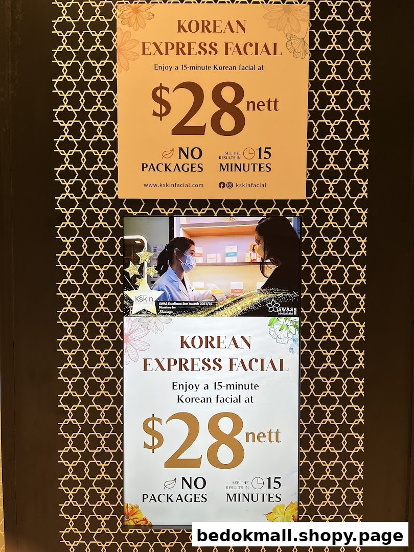 Sign advertising a $28 Korean express facial service with details.