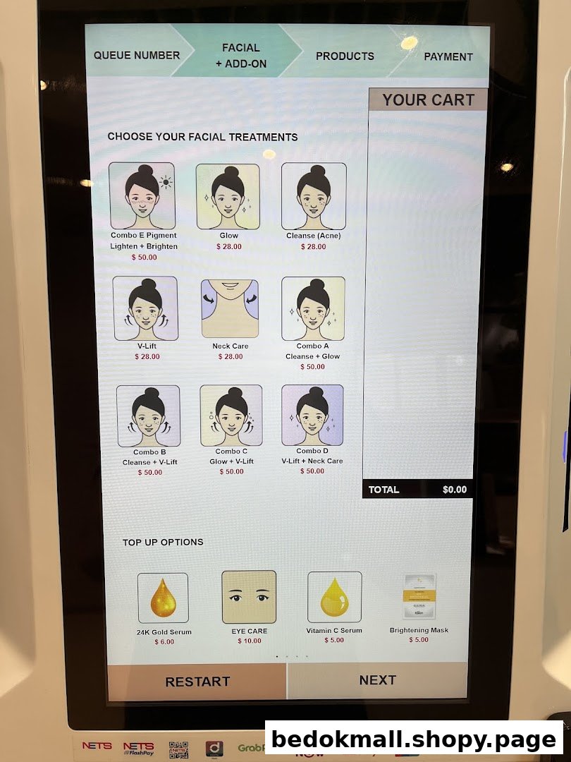 Digital screen displaying facial treatments and prices for selection.