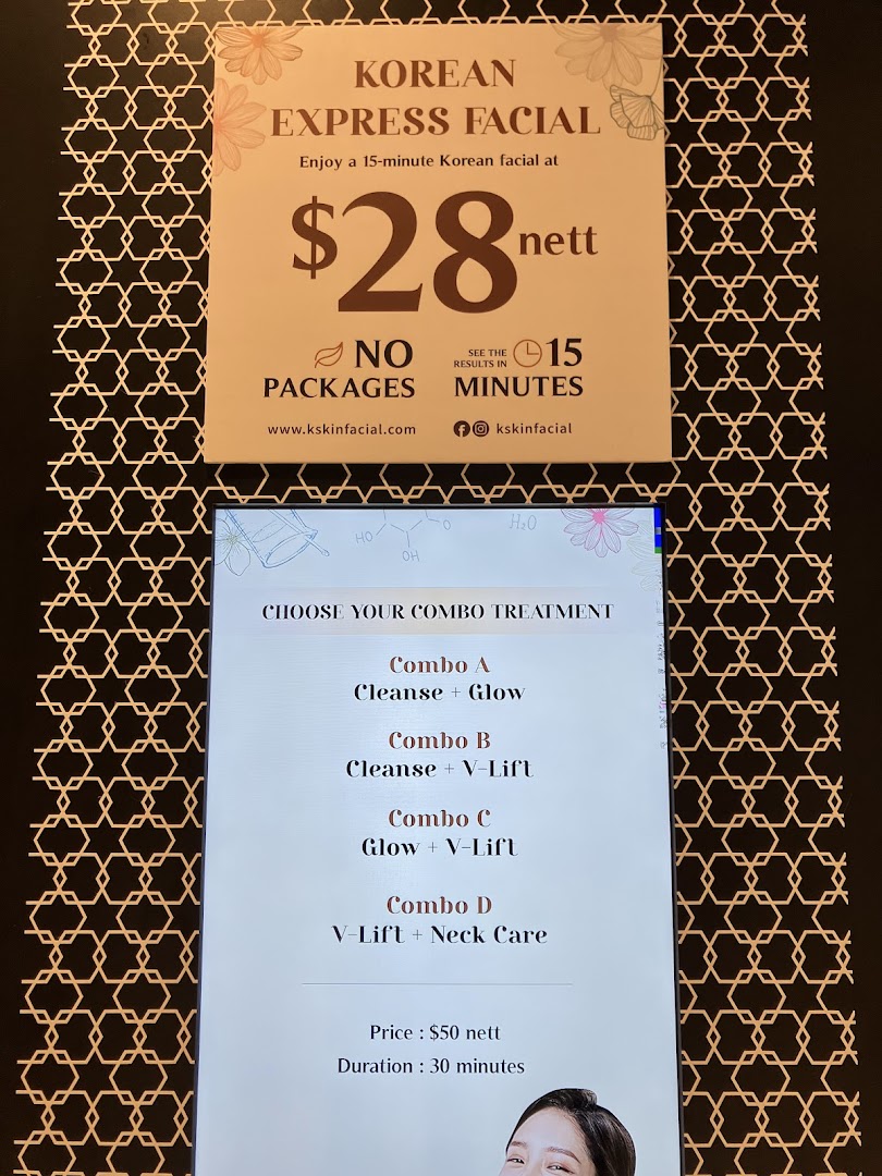 A display showing facial treatment options, prices, and service details.