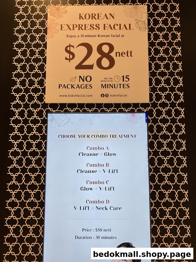 A display showing facial treatment options, prices, and service details.