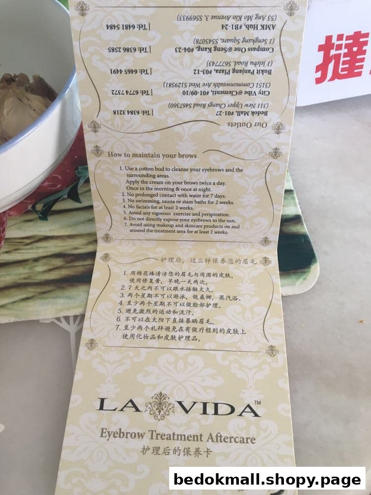 A folded card from La Vida detailing eyebrow treatment aftercare instructions.