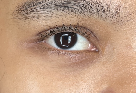 A close-up of a human eye with enhanced eyelashes, likely after a beauty treatment.