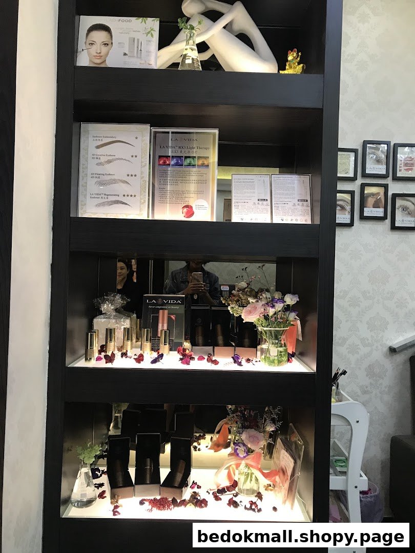 Interior shot of a display shelf with beauty products and decor.