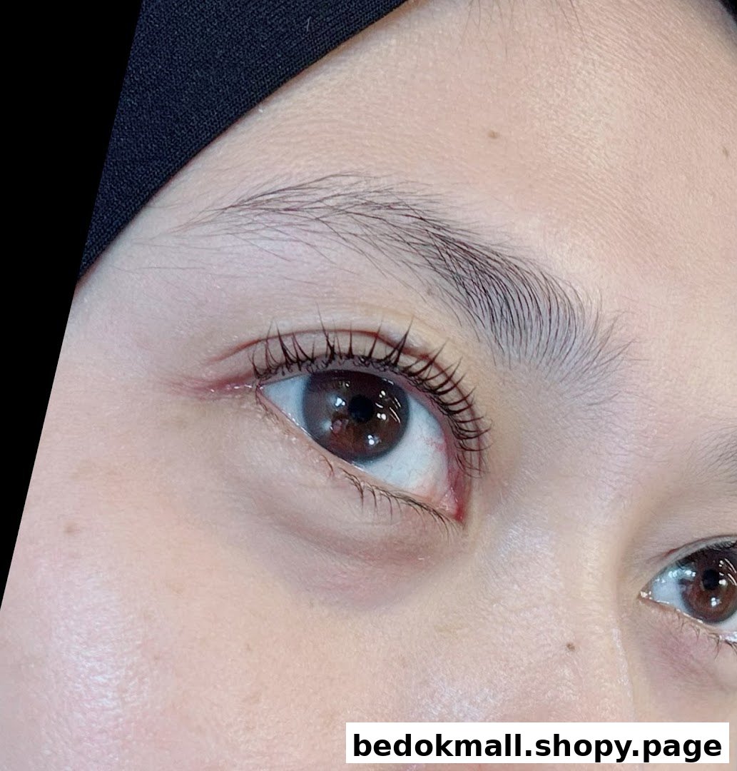 Close-up of a person's eye showing eyelashes, likely after a beauty treatment.