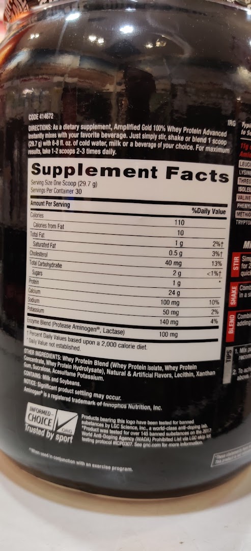 Close-up of a product label showing supplement facts and directions.