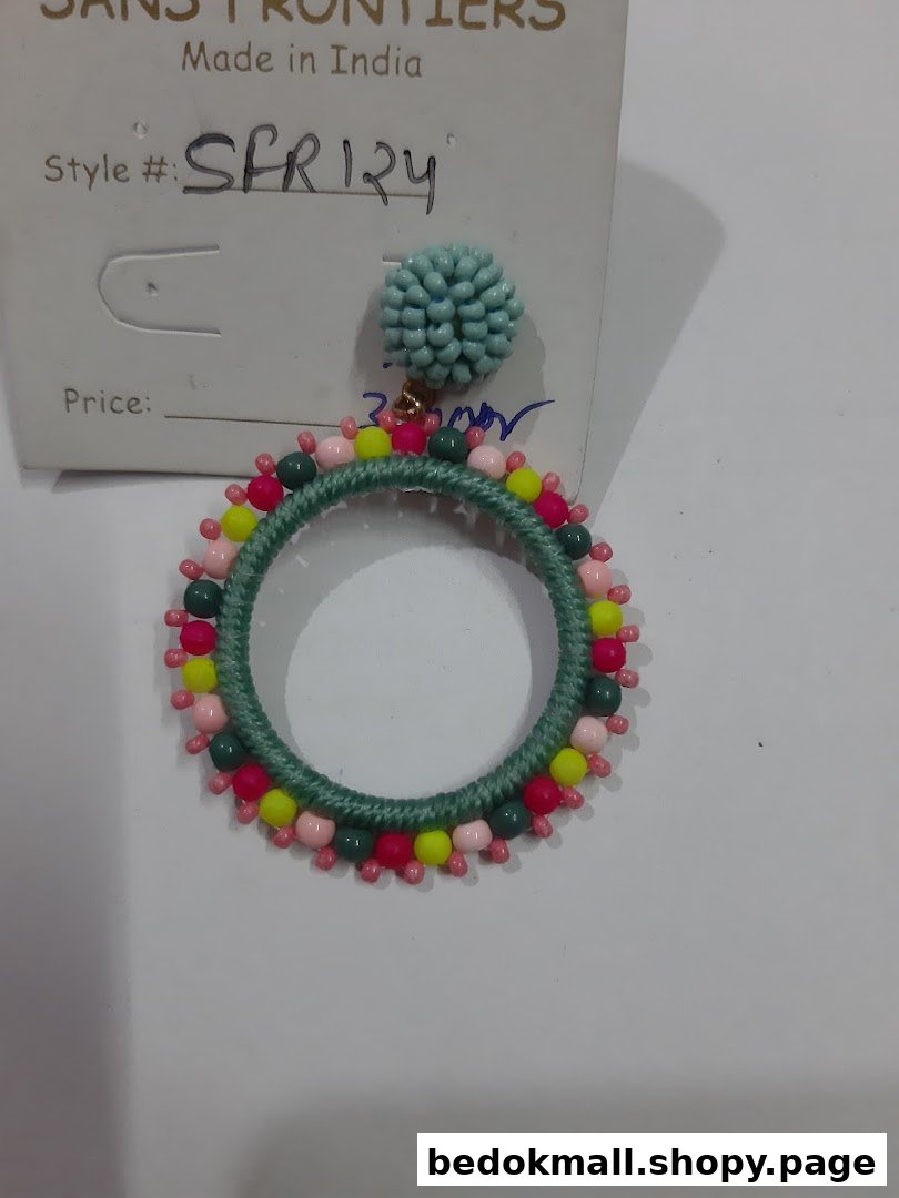 A colorful beaded hoop earring displayed on a product card.