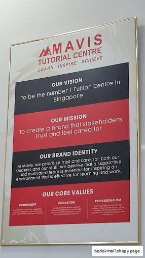 Framed sign displaying Mavis Tutorial Centre's vision, mission, and core values.