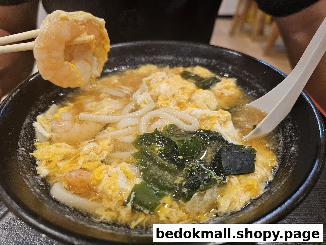 A close-up of a bowl of udon noodles with shrimp, egg, and seaweed.