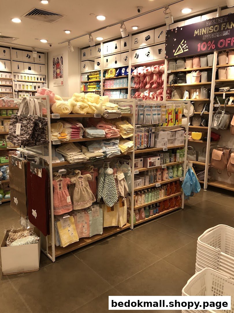 MINISO store interior showing shelves of products and a discount sign.