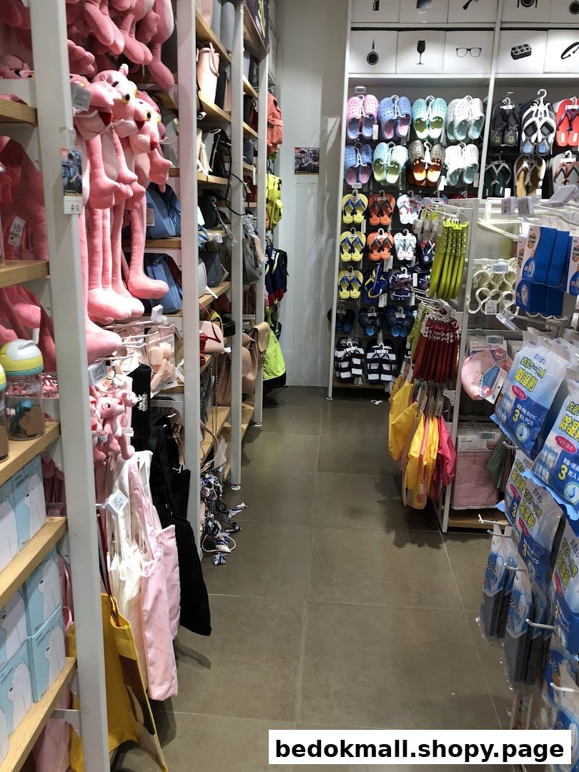 Interior view of a retail shop with shelves displaying plush toys, bags, and footwear.