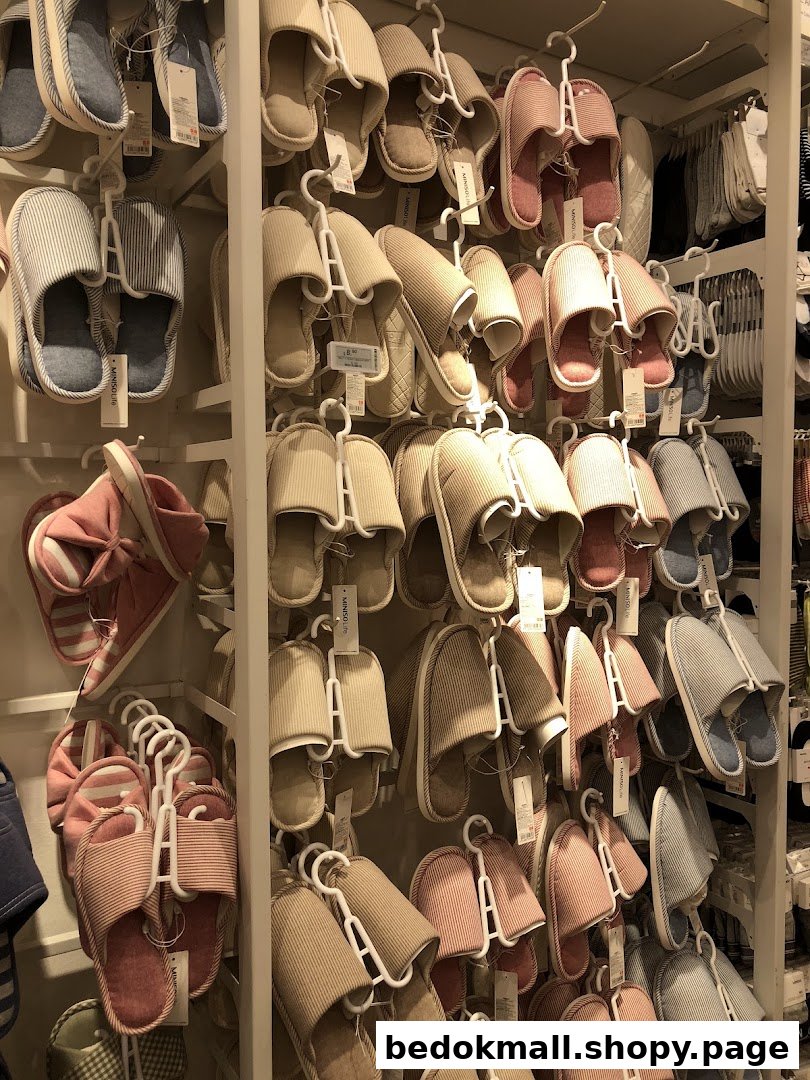 Numerous slippers displayed on racks inside a retail store.
