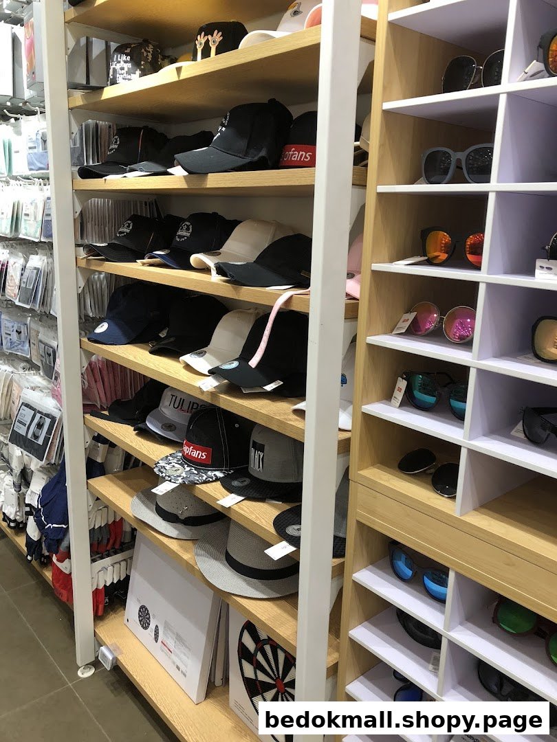 Shelves filled with hats, sunglasses, and other merchandise in a retail store.