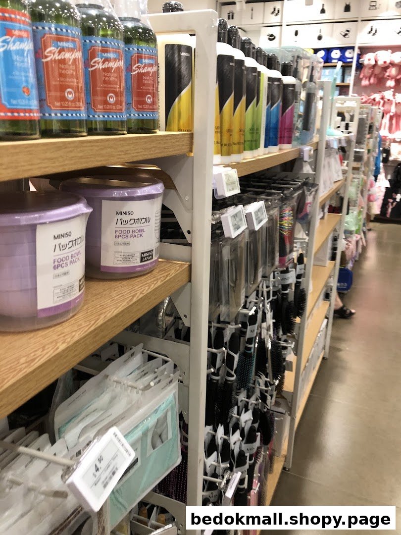 Shelves stocked with various products like shampoo and hairbrushes inside a retail shop.