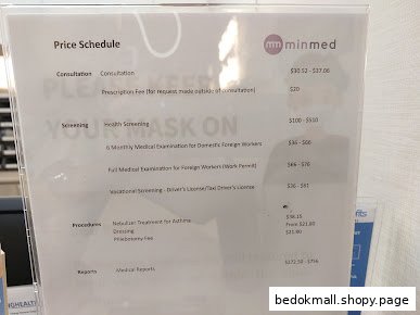 A price schedule for various medical services offered by Minmed Clinic.