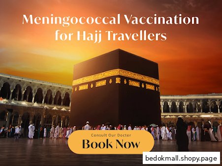 Promotional graphic for meningococcal vaccination for Hajj travellers with Kaaba background.