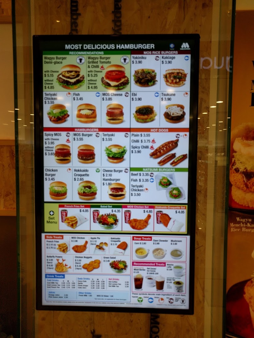 A digital menu board displaying various burgers, sides, and drinks.