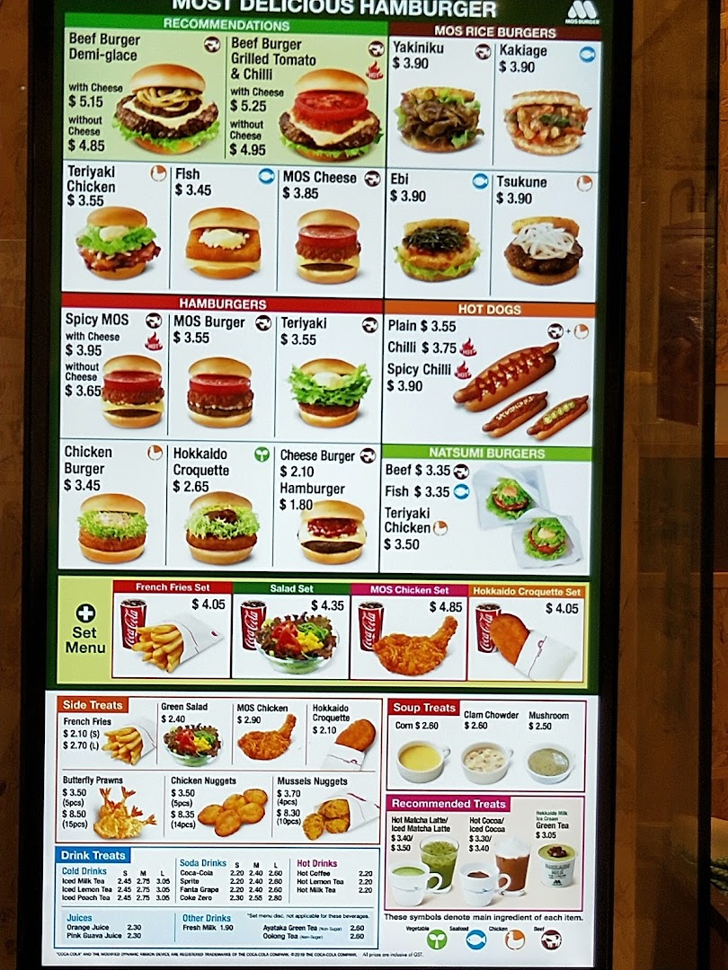 A large digital menu board displaying various burgers, hot dogs, and drinks with prices.