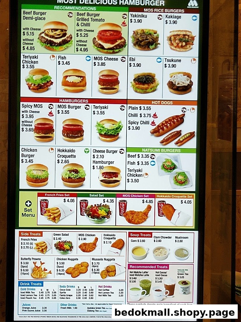 A large digital menu board displaying various burgers, hot dogs, and drinks with prices.